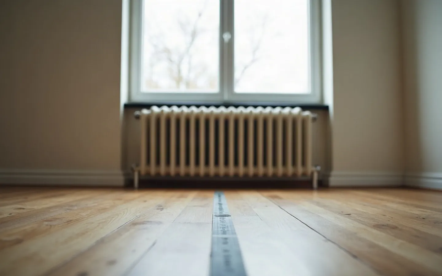 Lege woonkamer van een Nederlands appartement met een houten vloer, een hoog raam met ochtendlicht en een uitgerolde rolmaat op de grond.