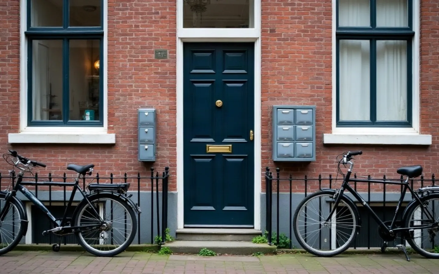 Voordeur van een smal Nederlands rijtjeshuis met vijf deurbellen en brievenbussen naast elkaar, fietsen aan het hek, in zacht ochtendlicht.