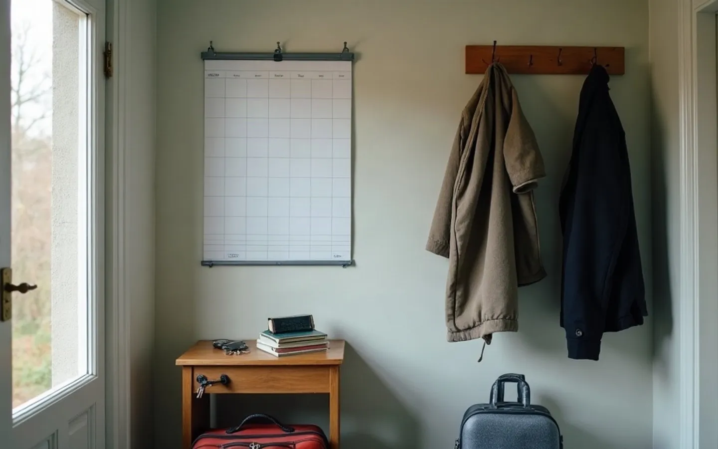 Voordeur van een Nederlands rijtjeshuis die op een kier staat, met een sleutelbos in het slot en verhuisdozen in de gang, in zacht ochtendlicht.