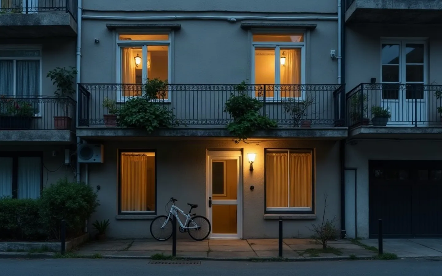 Gevel van een opgedeeld pand in de schemering, met licht achter de ramen op twee lagen en een fiets naast de voordeur.
