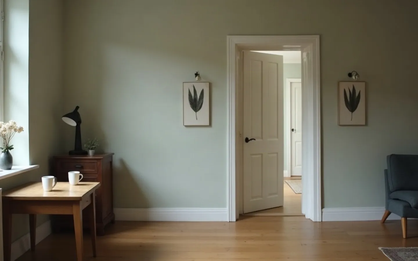 Gang in een Nederlandse stadswoning met twee gesloten slaapkamerdeuren, sleutels aan haakjes ernaast en aan het einde een gedeelde keuken in ochtendlicht.