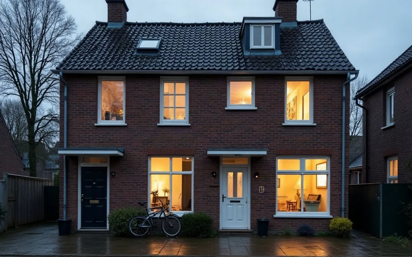 Rijtjeshuis van baksteen in de avond, met licht achter het bovenraam en een fiets naast de voordeur op een natte stoep.